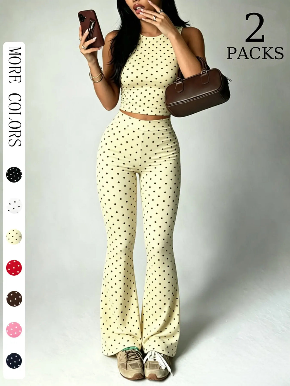 2 Pack Women Polka Dot 2 Piece Outfits, Sleeveless High Neck Crop Top and Flare Leggings Set, Seamless Bodycon Bell Bottom Pants, Trendy Summer Streetwear Outfits, Slim Fit Casual Loungewear for Daily Wear & Going Out Clothes