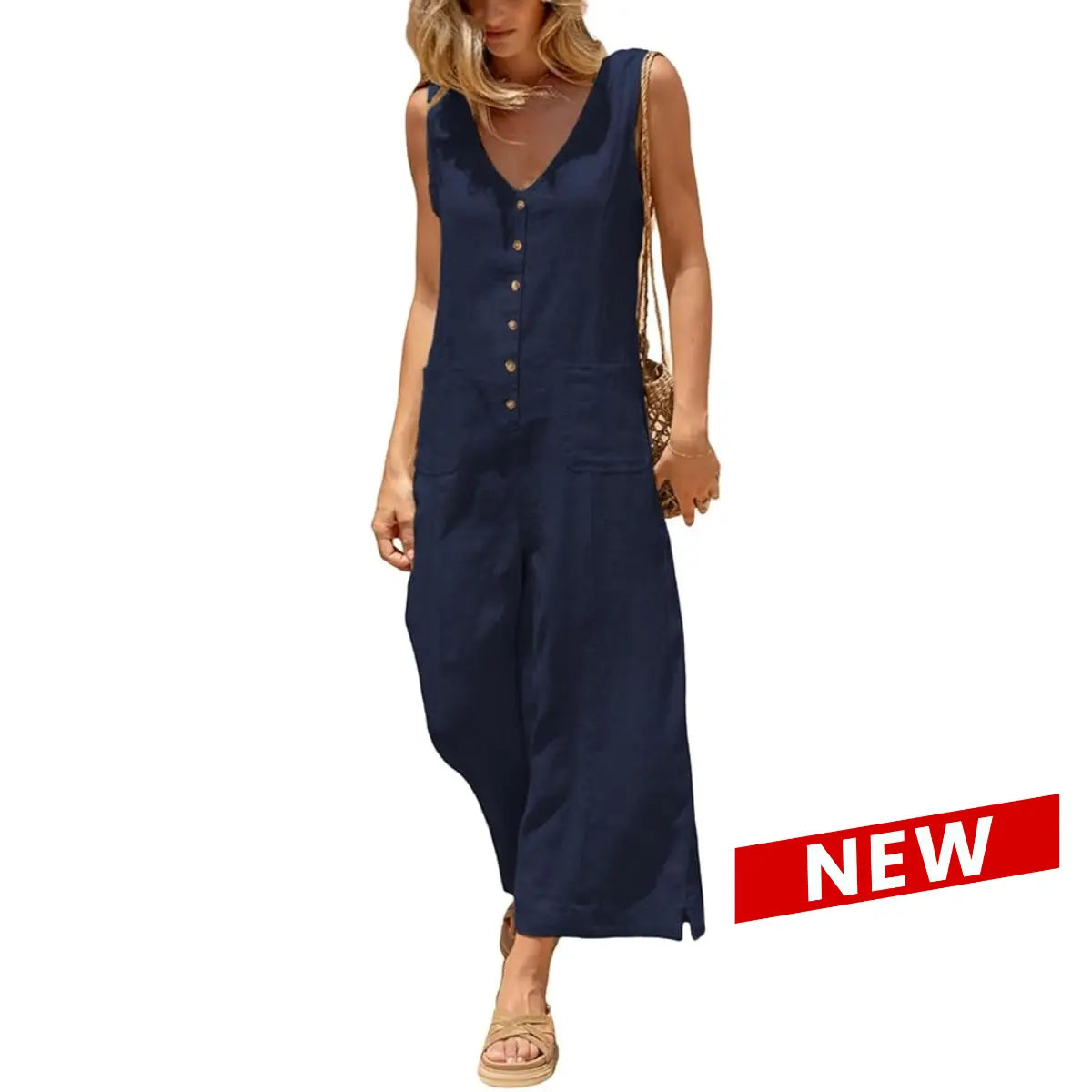 UANEO Women Cotton Linen Jumpsuits Button Down Solid Sleeveless Casual Wide Leg Rompers with Back Tie Adjustable Waist Loose Fit Overall Pockets Summer Fall Womenswear Minimalist Style
