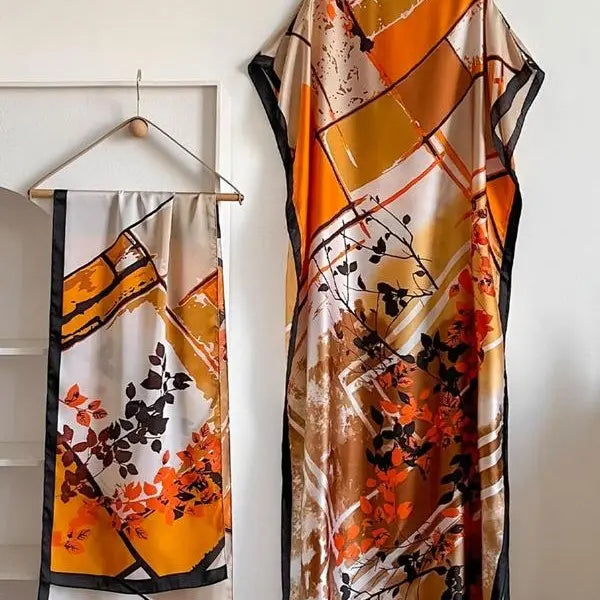 【MOOMOO】Women's Elegant Floral Print Polyester Moo Moo & Matching Scarf Set - Multicolor, Lightweight Boho Loose-Cut Cape Cover Up, Female Swimwear Accessory, 2-Scenario Use (Beach, Loungewear), All Seasons Casual, Fabric Style 03, Sohochic