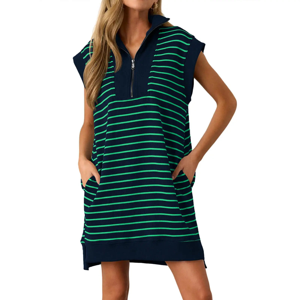 Wenrine Women's Striped Knit Mini Dress - Collared V-Neck, Cap Sleeve, Loose Fit, Zipper Detail, Summer Lady Clothing, Formal & Casual Wear, Do Not Dry Clean