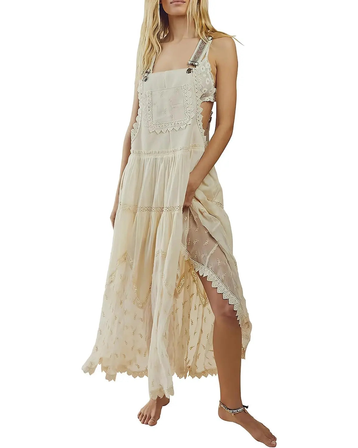 Ebossy Women's Basic Minimalist Sleeveless Laced Embroidered Tulle Bib Dress Casual Loose Adjustable Straps Maxi Dress Womenswear Boho Style