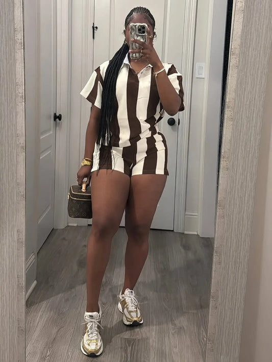 USBOUTIQUE CHIC Women's 2026 Spring Two Piece Set Striped Short Sleeve Top & Drawstring Shorts Casual Outfit for Comfort
