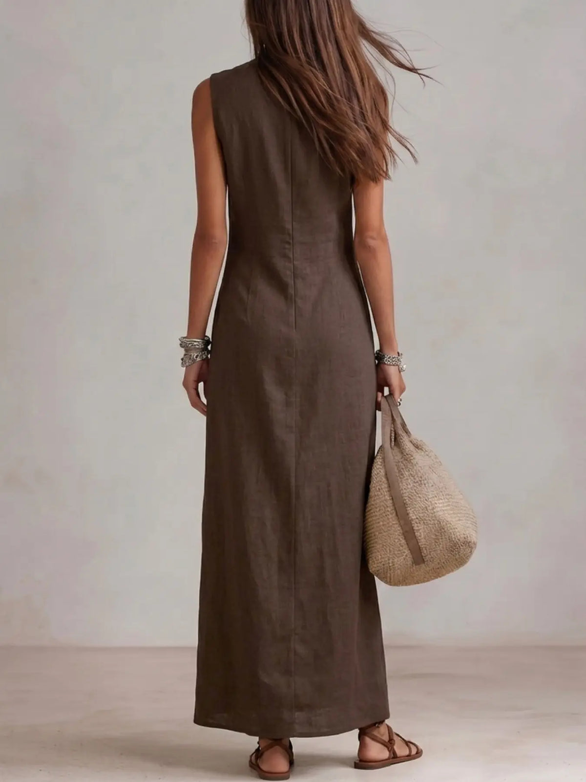 Stand Collar Sleeveless V Neck Waist Cinch Split Long Dress, Elegant Casual Vacation Dress, Minimalist Style for Spring Summer, Summer Dresses