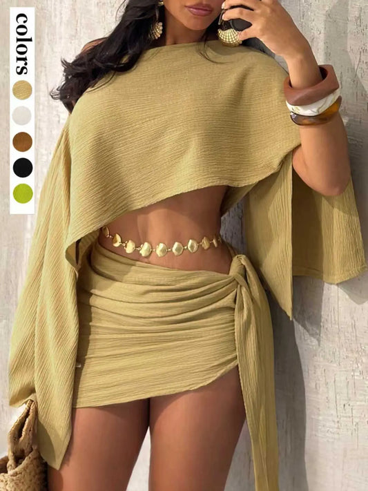 Women's Summer Casual Resort Two‑Piece Set, Top And Skirt Set, Beach Vacation Style Textured Outfit, Off‑Shoulder Loose‑Fit Cape Top + Adjustable Wrap‑Tie Mini Skirt