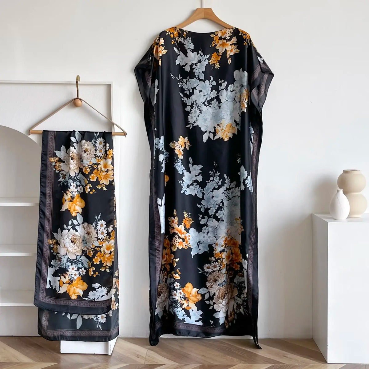 Women's 2-Piece Essential Bohemian Robe Set - Casual Matching Floral Print Long Dress, Headscarf Hairband, Beach Shawl Accessory, All-Season Boho Elegance