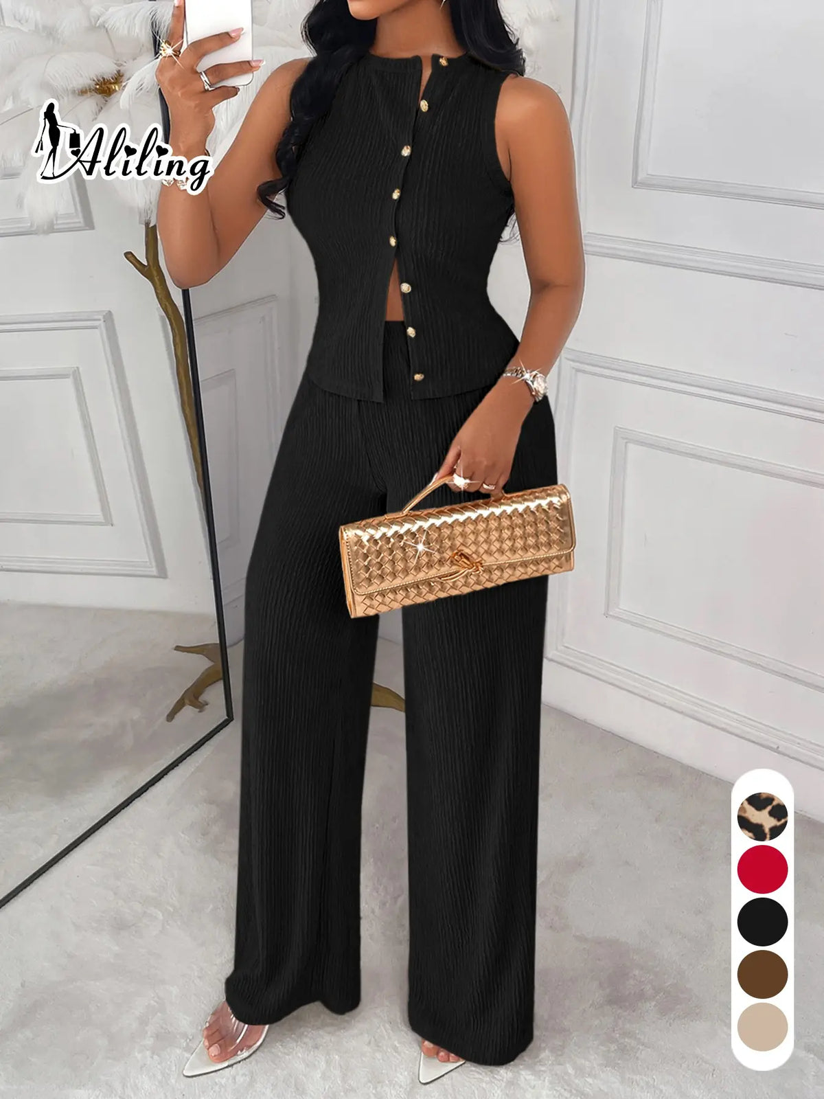 Women's Casual Minimalist Round Neck Studs Sleeveless Top and High Waist Wide-Leg Pants Two-Piece Set for Spring and Summer, Casual Streetwear Set, Plain Outfit, Outfits Set, Suits, Womenswear, Clothes