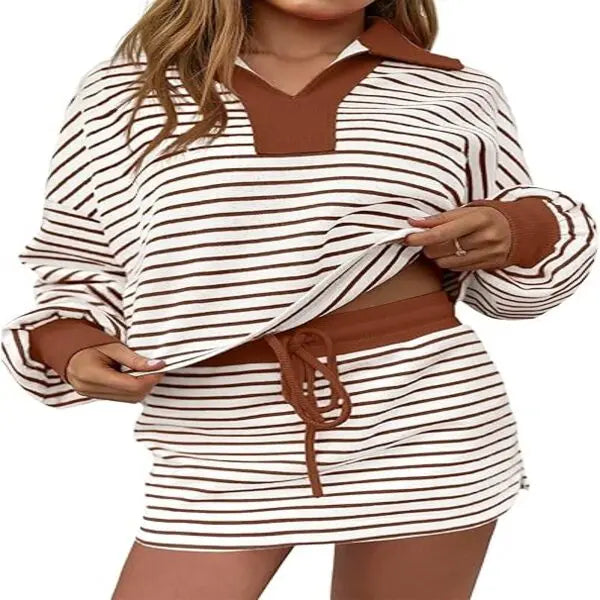 Fisoew Women's Trending Striped 2-Piece Matching Set - Long Sleeve Casual Sweatshirt & Skort, Elastic Fabrics, Elegance, Women's Clothes for Lounge & Workout