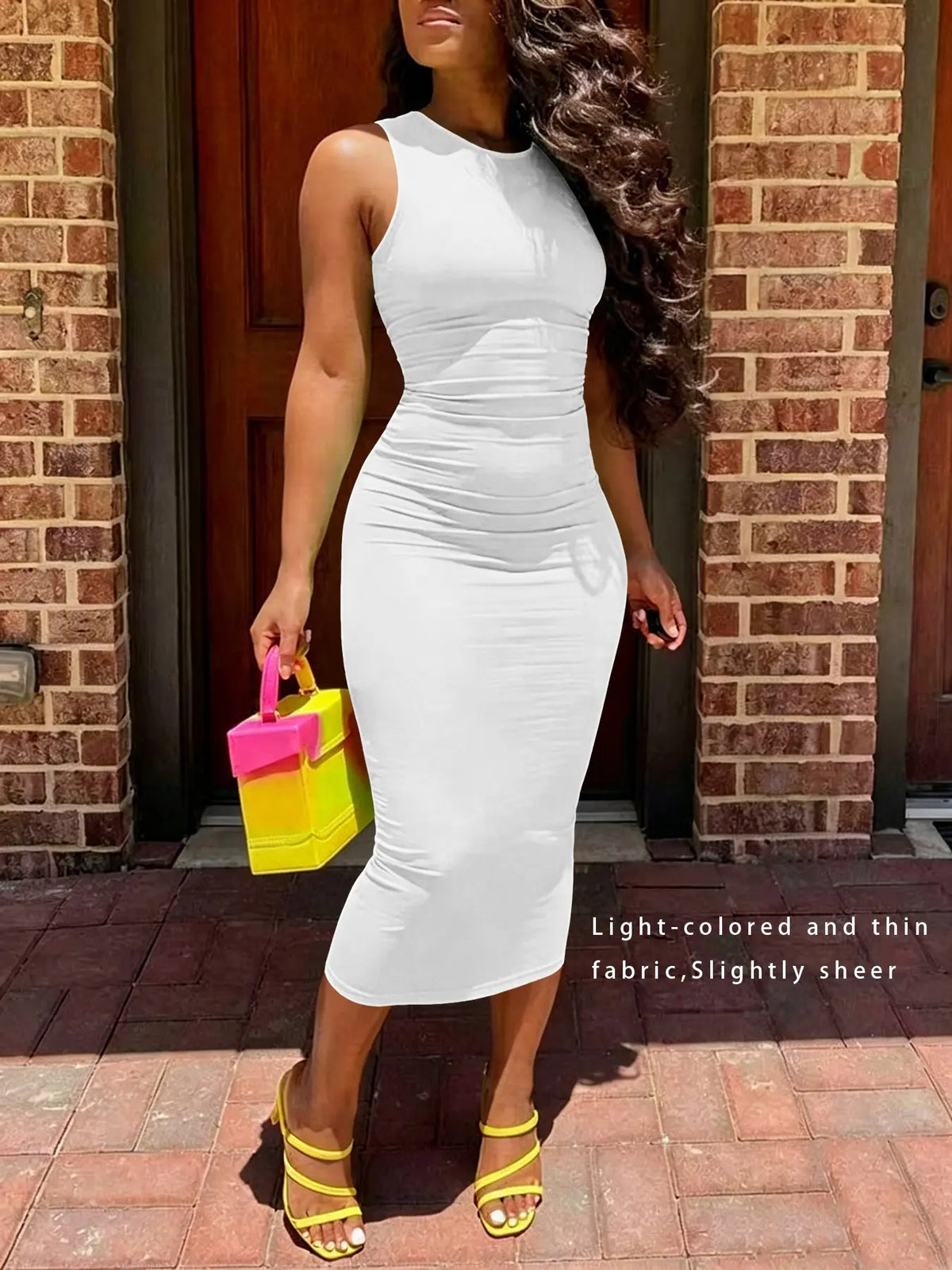 European Women's Spring Summer Fashion Casual Comfy Classy Plain Midi Dress, Sleeveless Slim-Fitting Basic Dress, No Pockets, Versatile