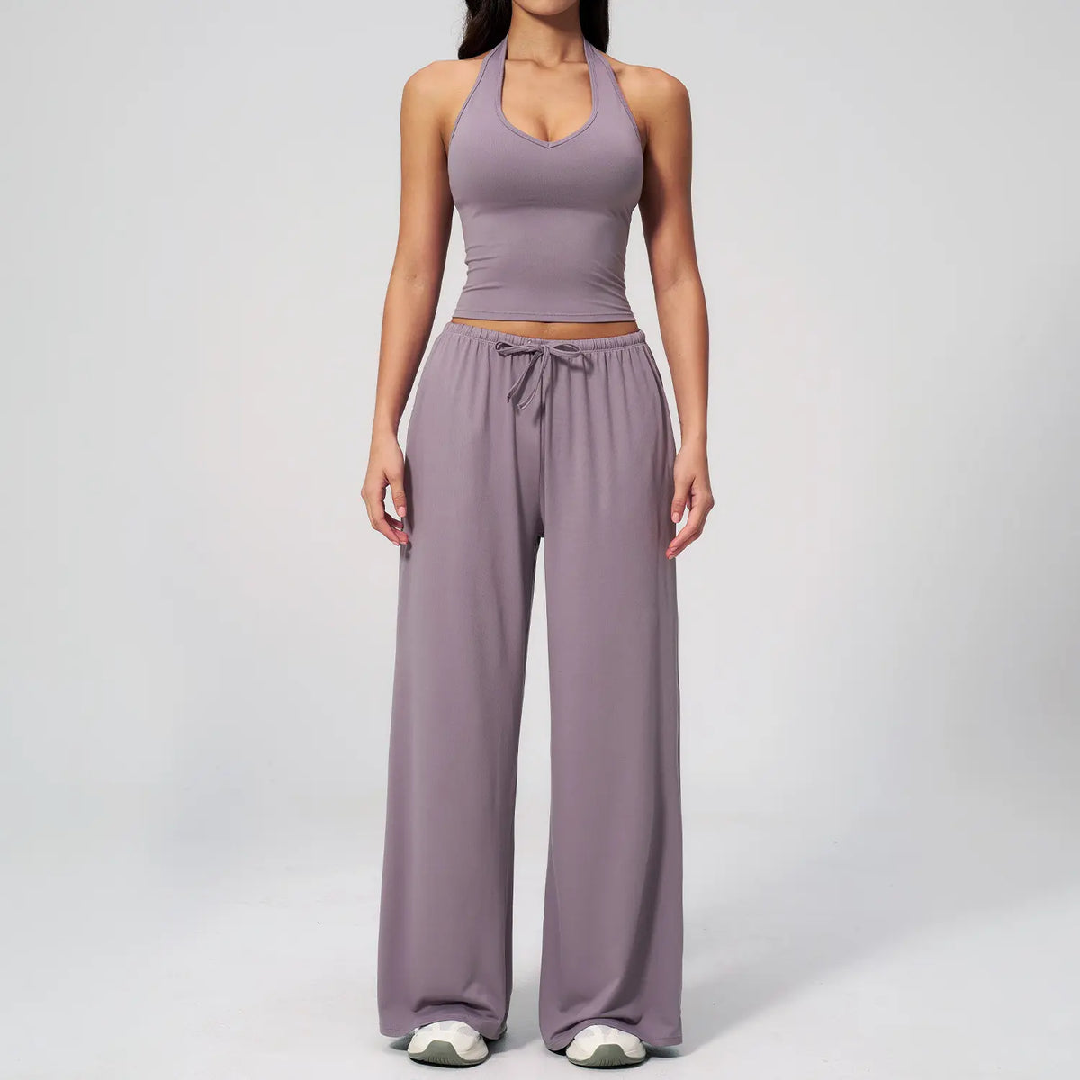 Nvwaurban Women's 2-Piece Fitted Athleisure Outfits, Summer Ribbed Fabric Set with V-Neck Strappy Open-Back Top & Wide Leg Pants, Breathable Everyday Active Lounge Wear for Gym & Travel, Sports Clothing Set for Back to School