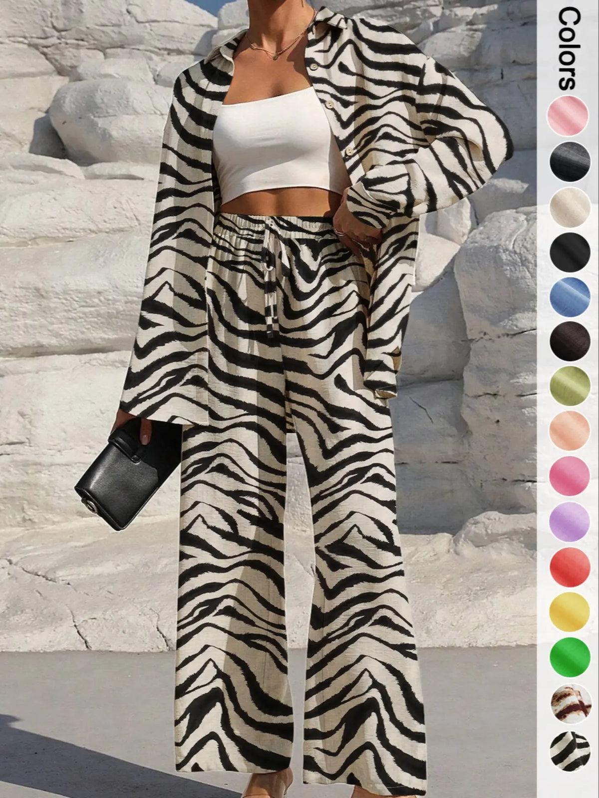Women's Solid Button Front Shirt & Tie Front Wide Leg Pants Two-piece Set, Casual Drop Shoulder Long Sleeve Top & Trousers 2 Piece Set for Spring & Fall, Women's Clothes for Daily Wear, Casual Outfits Women, Casual Everyday Set