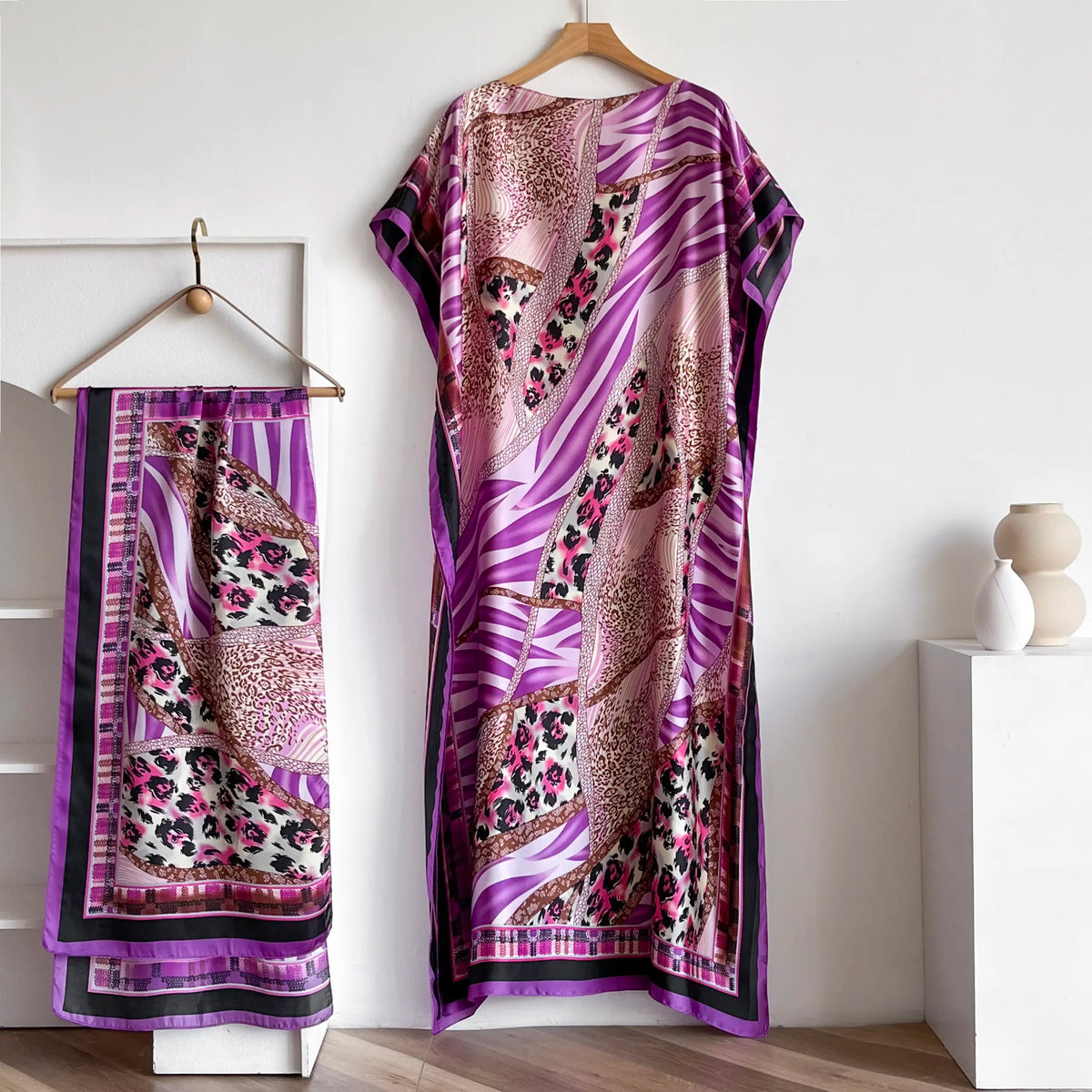 Women's 2-Piece Essential Bohemian Robe Set - Casual Matching Floral Print Long Dress, Headscarf Hairband, Beach Shawl Accessory, All-Season Boho Elegance