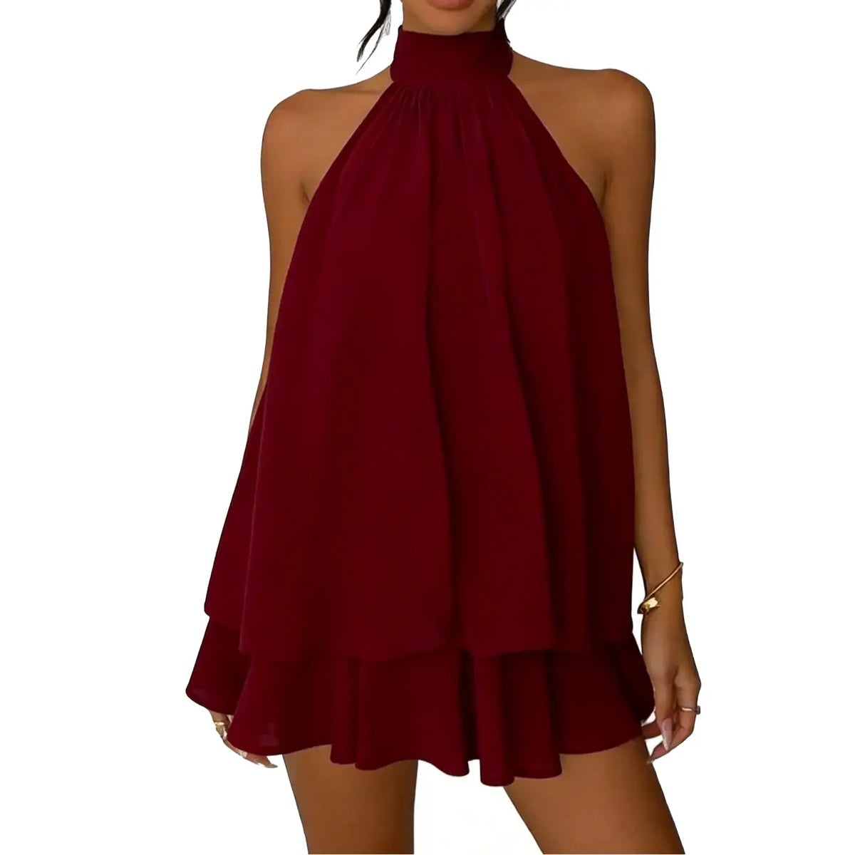 Women's Minimalist Solid Open-Back Halter Dress with Elegant Ruffle Hem, Casual All-Season Fashion Mini Dress Flowy Womenswear