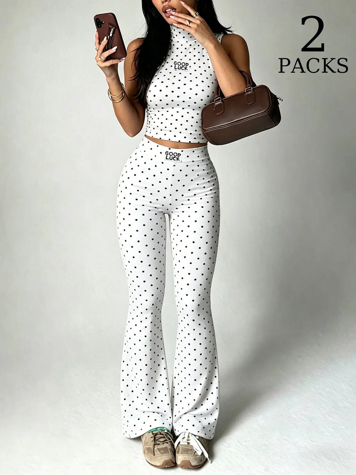 2 Pack Women Polka Dot 2 Piece Outfits, Sleeveless High Neck Crop Top and Flare Leggings Set, Seamless Bodycon Bell Bottom Pants, Trendy Summer Streetwear Outfits, Slim Fit Casual Loungewear for Daily Wear & Going Out Clothes