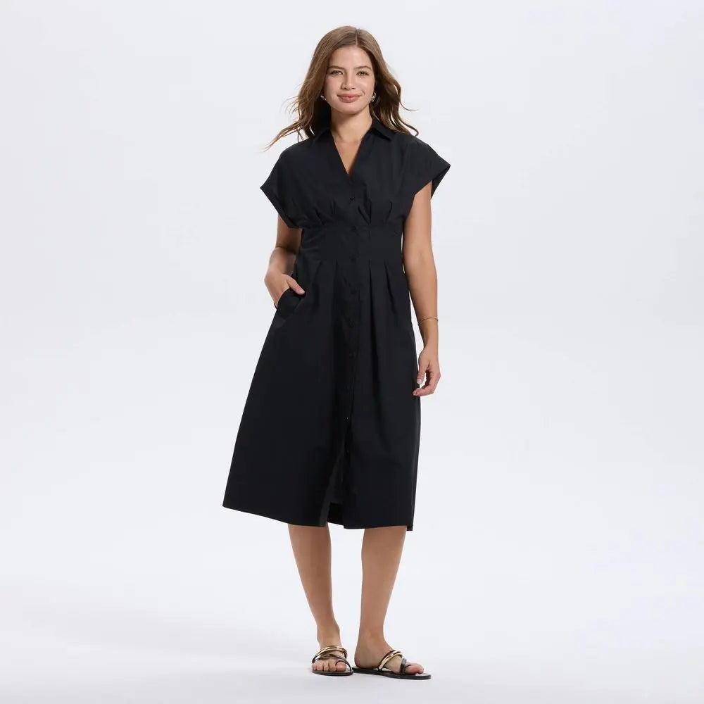 Women's Short Sleeve Pleated Midi Shirtdress - A New Day