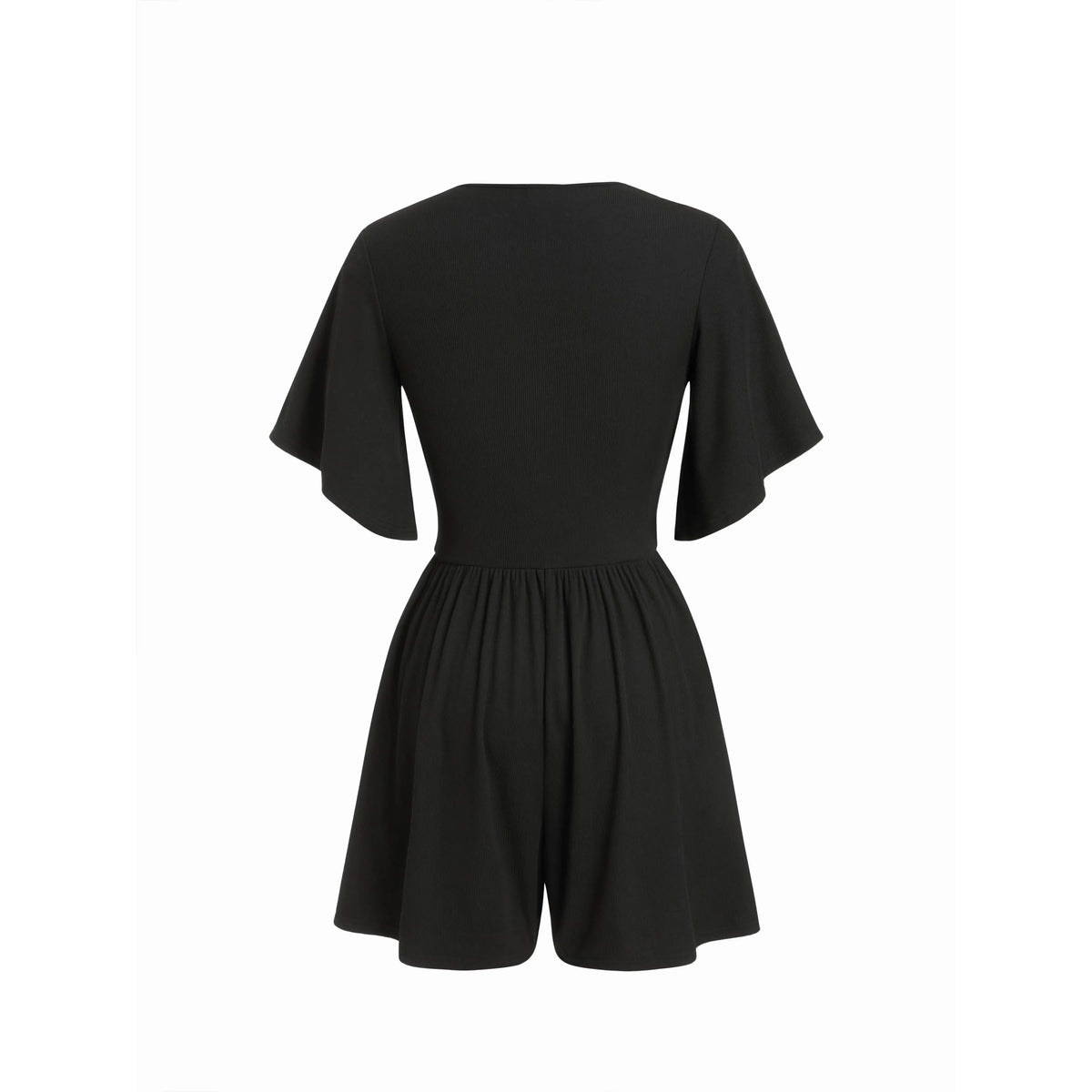 Cider Textured V-neck Ruched Mid Rise Bell Sleeve Ribbed Fabric Romper with Pockets Womenswear Basic Minimalist Jumpsuit