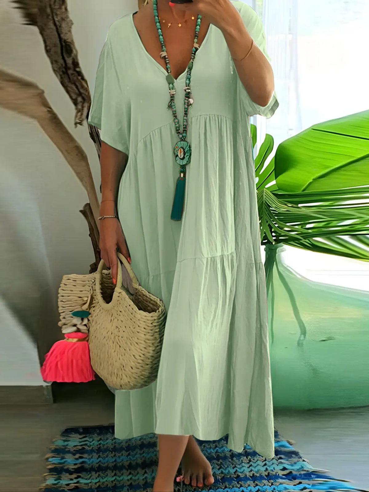 Plus Size Women's Summer Casual Loose V-Neck Plain Long Dress Bohemian Boho Style, Short Sleeve, Tiered Layer, Spring & Fall Fashion