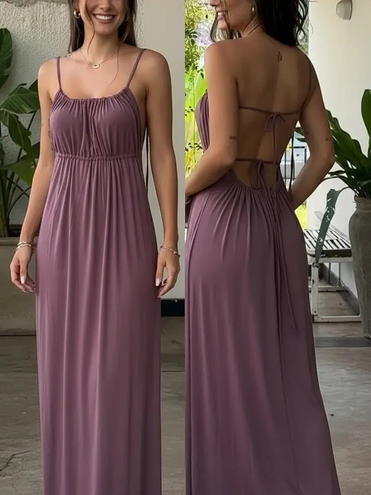 Women's Solid Color Cami Lounge Dress, Sleeveless Long Summer Slip Dress, Elegant Pleated Drawstring Casual Party Vacation Wear, Chic Sleepwear Nightgown, Loungewear for Women, Lazy Style Comfy Advanced Sense Dress Womenswear