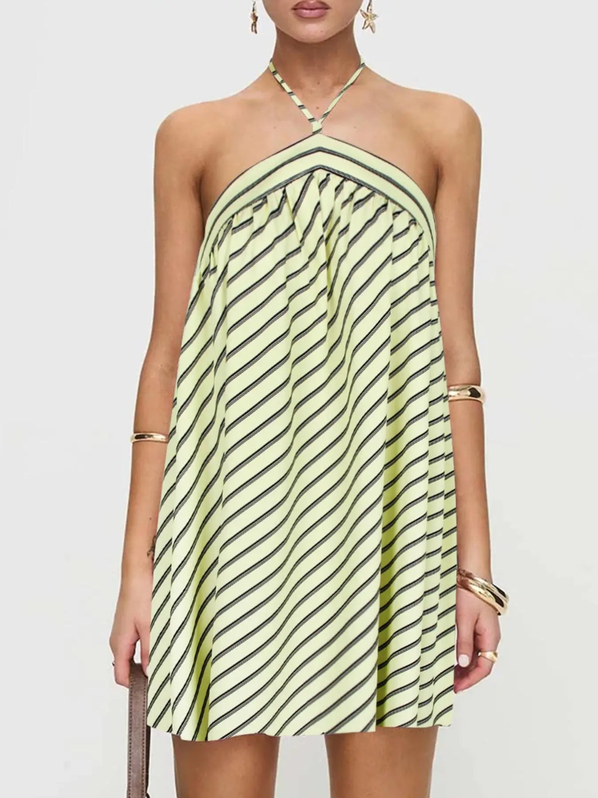 Women's Striped Print Halter Neck Dress, Casual Sleeveless Short Dress for Summer, Ladies Clothes for Daily Wear, Beach Summer Dress