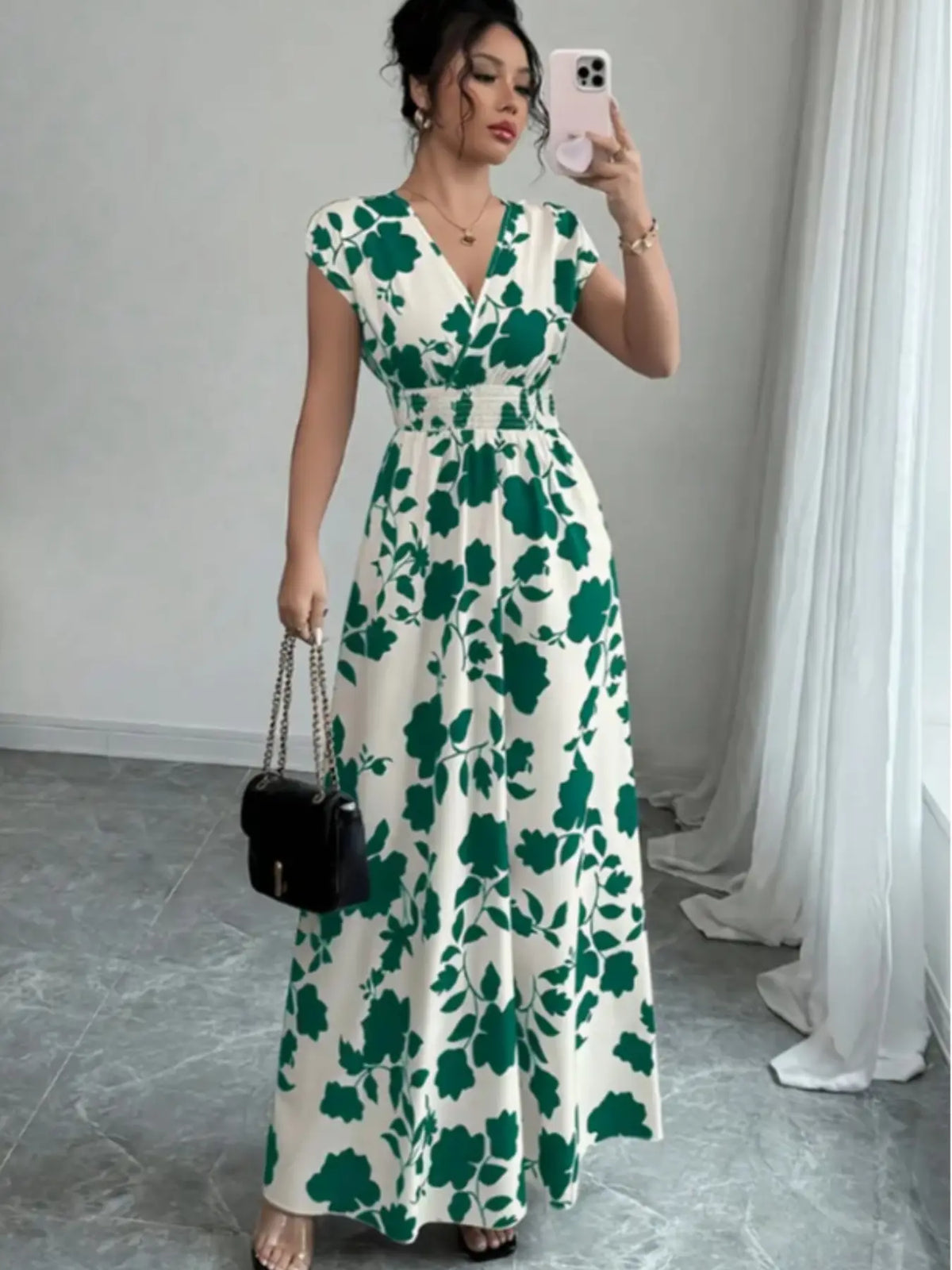 Elegant Women's Summer Dress, Womenswear, V Neck Fitted A-Line Batwing Sleeve, Floral Print, Leaf, Casual Boho Sundress, Casual Fashion Style, Perfect for Daily Wear & Special Occasions, Chic Dress, Boho Casual Comfy, Bohemian Aesthetic Summer Dress