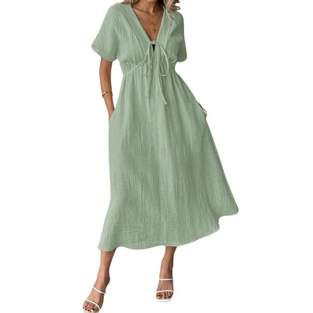 Chouyatou Women's Lightweight Solid Cotton Fabric Dress - V-Neck, Short Sleeve, Adjustable Drawstring, Elegant Bohemian Style, Loose Casual Beach Dress with Pockets, Casual Wear, Shortsleeve, Breathable, Lady, Fashion Apparel, Sun Dress, Beach Outfits