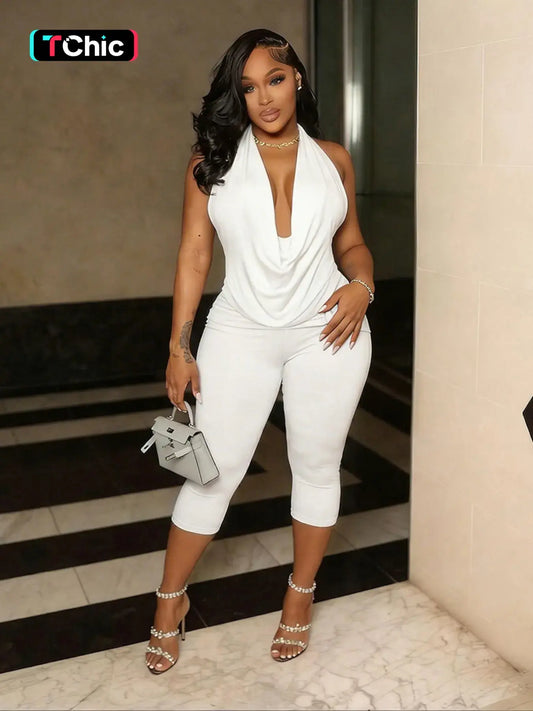 Women's Two-Piece Set, Chic Halter Backless Fitted Top & High Waist Capri Pants, Trendy, Going Out Sets, Perfect for Dates & Vacations
