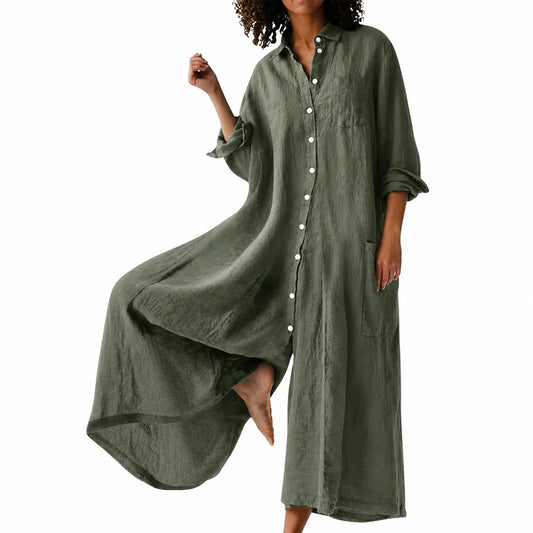 utcoco Women's Linen Button Down Long Sleeve Wide Leg Jumpsuit Beach Palazzo Pants One Piece Jumpsuit Minimalist Lightweight Breathable Spring Outfit, Overalls