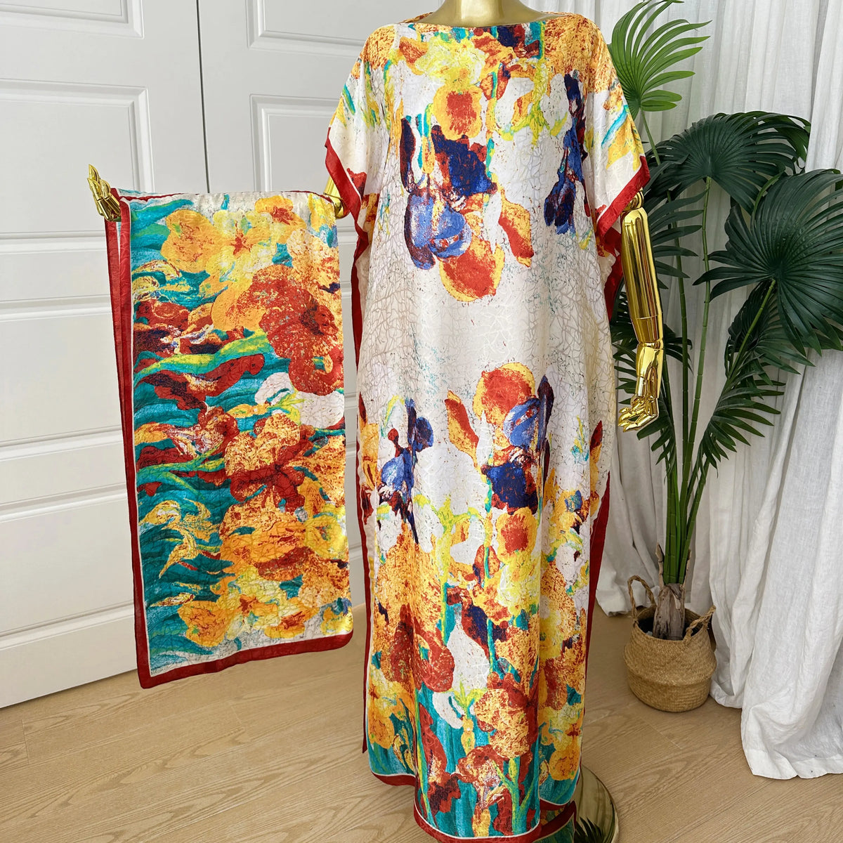 Women's Short-Sleeve Casual Navy & Red Floral Line Art Silky Modest Maxi Bubu Dress Set, Trendy Clothes for Women, Stylish Maxi Dresses