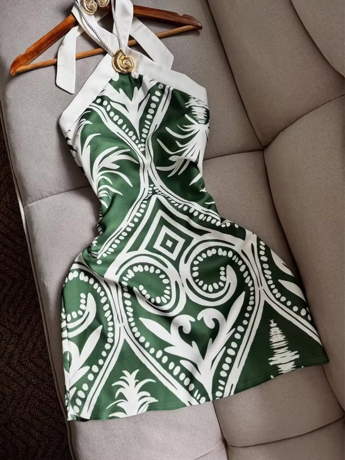 Green & White Geometric Print Halter Mini Dress, Golden Buckle Bodycon Dress for Women, Old Money Coastal Aesthetic, Casual Elegant Silky Satin Fabric Summer Dress for Vacation & Brunch, Night Out Clothes