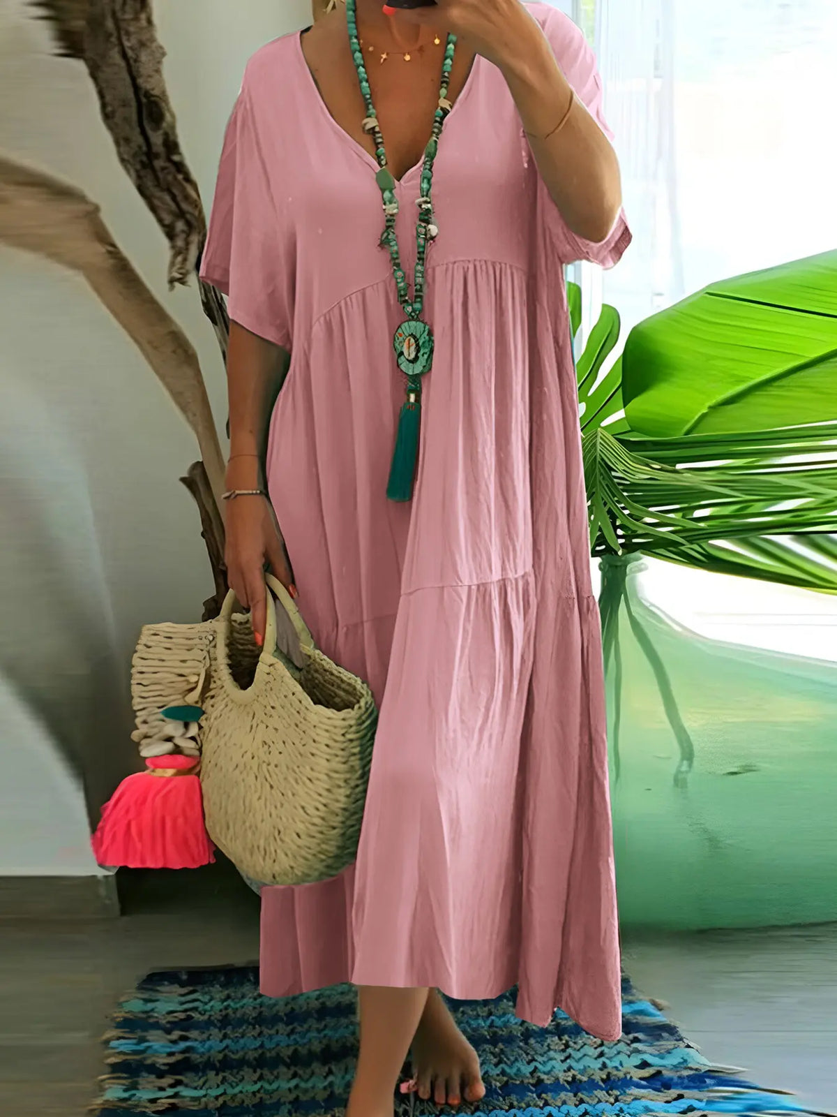 Plus Size Women's Summer Casual Loose V-Neck Plain Long Dress Bohemian Boho Style, Short Sleeve, Tiered Layer, Spring & Fall Fashion