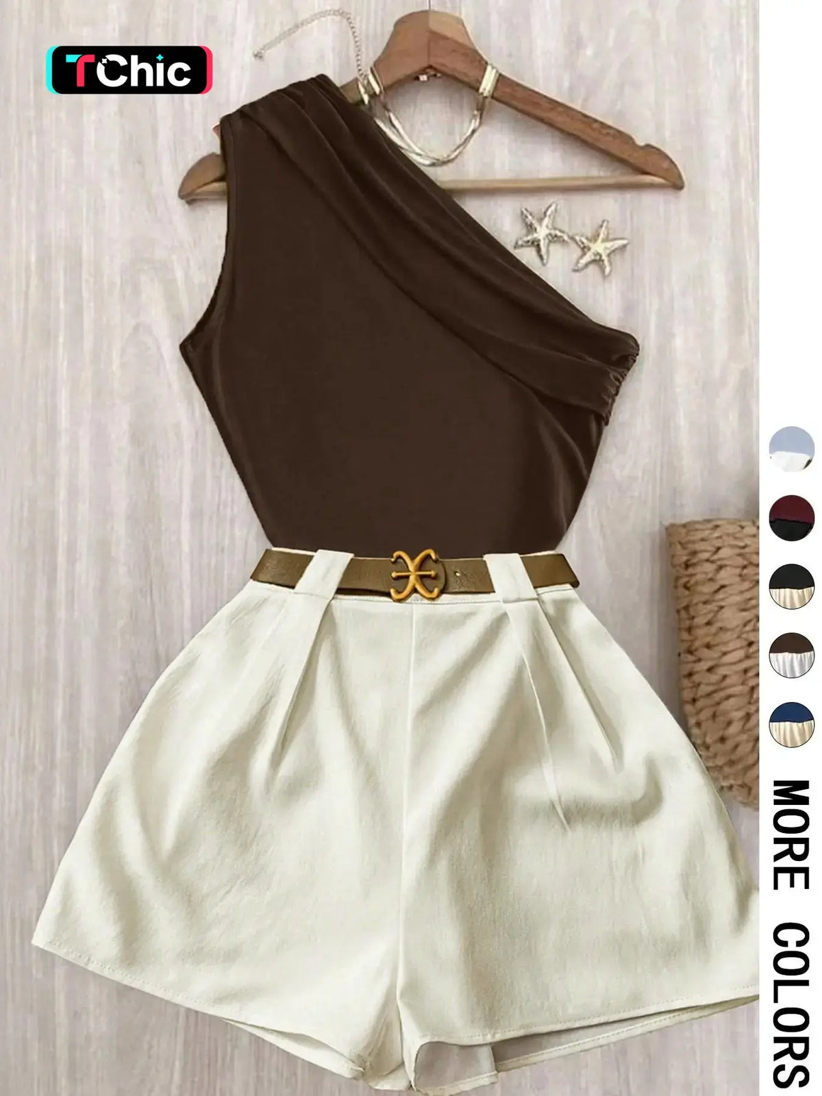 Contrast One-Shoulder Top & Pleated Shorts Matching Set - Ideal for Date Nights, Vacations & Brunch | Comfortable Two-Piece Set, Quiet Luxury Aesthetic - Trendy Baddie Outfit for Office & Going Out | Viral （No Belt） Office Wear