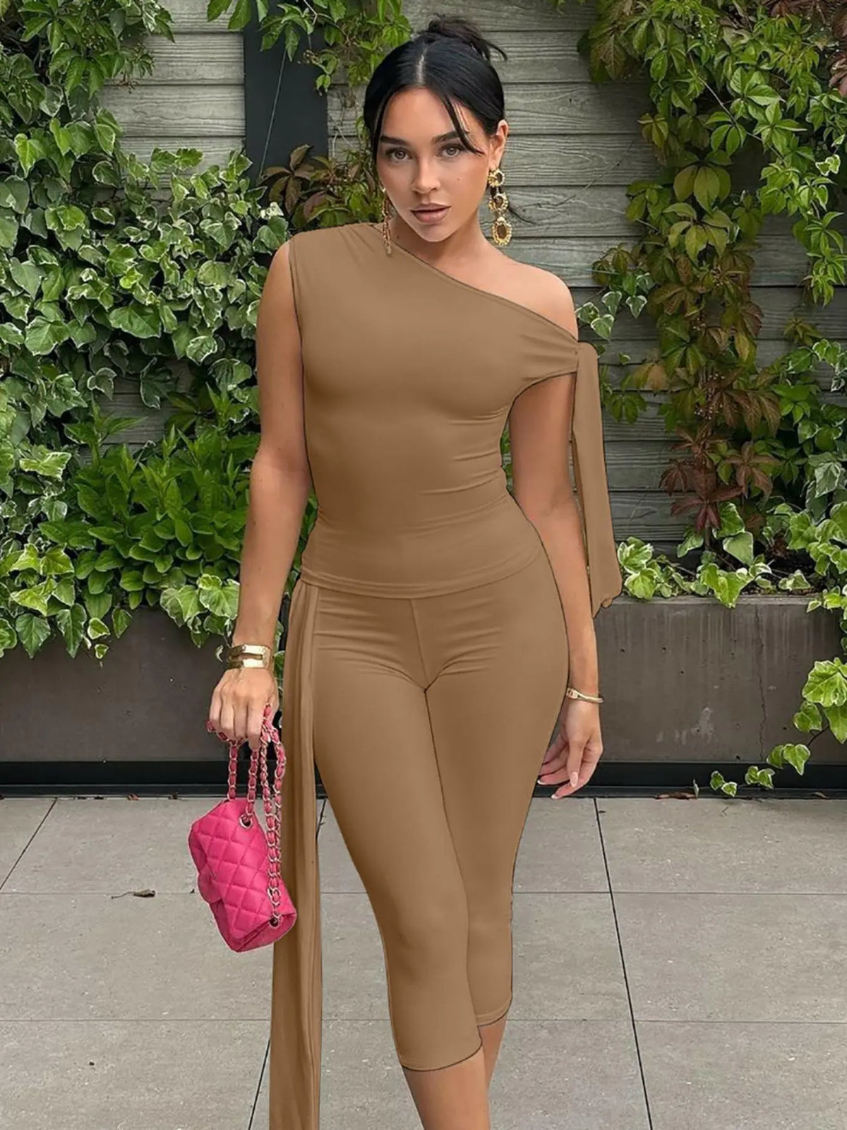 Women's Solid Asymmetrical Neck Knot Design Sleeveless Top & High-Waist Capri Pants Two-Piece Outfit, Elegant Chic Fashion Ruched Top & Skinny Trousers for Daily Outdoor Wear, Ladies' Summer Clothes