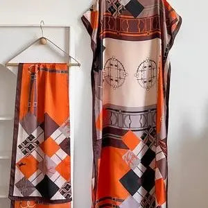 【MOOMOO】Women's Elegant Floral Print Polyester Moo Moo & Matching Scarf Set - Multicolor, Lightweight Boho Loose-Cut Cape Cover Up, Female Swimwear Accessory, 2-Scenario Use (Beach, Loungewear), All Seasons Casual, Fabric Style 03, Sohochic
