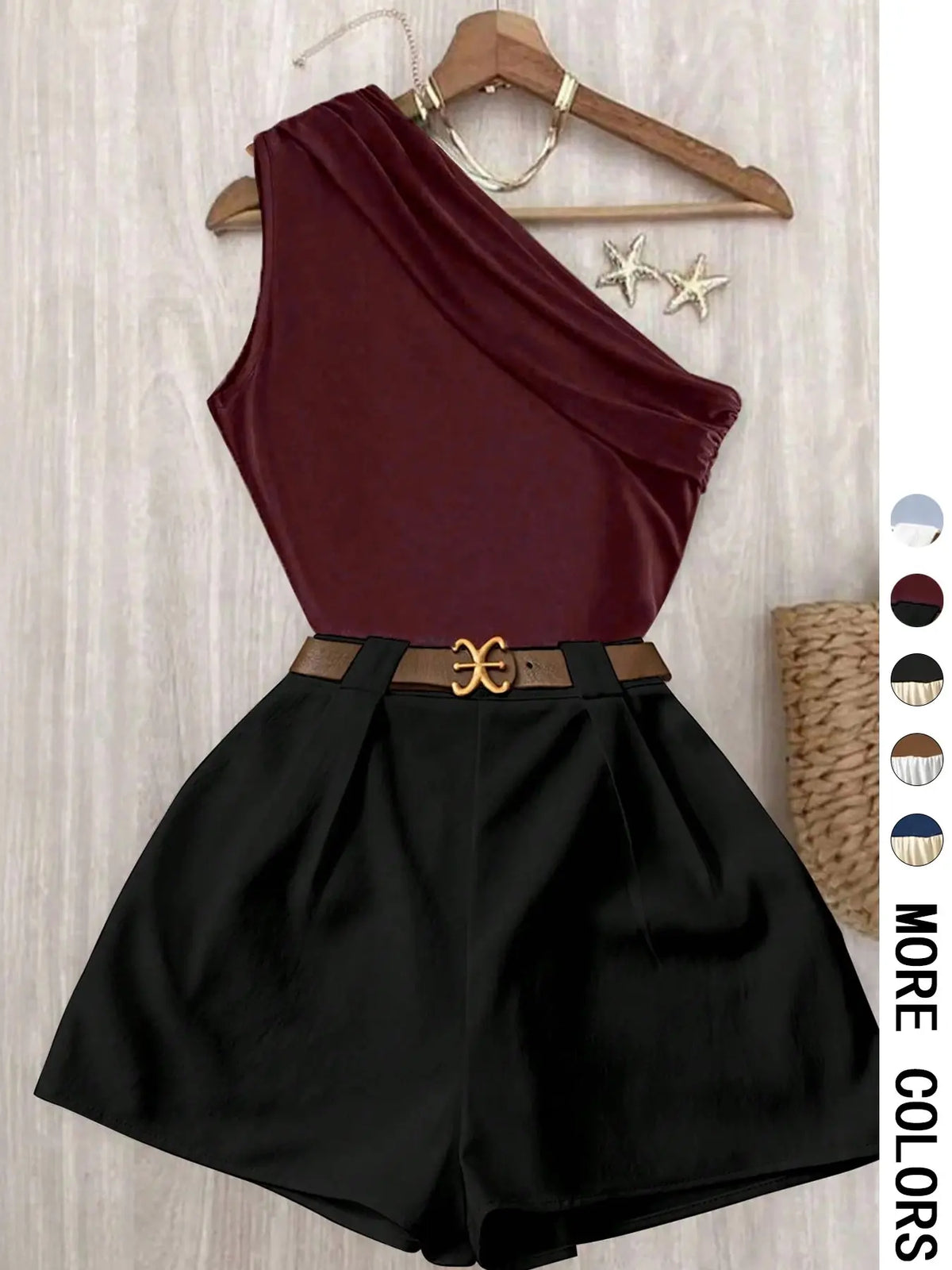 Contrast One-Shoulder Top & Pleated Shorts Matching Set - Ideal for Date Nights, Vacations & Brunch | Comfortable Two-Piece Set, Quiet Luxury Aesthetic - Trendy Baddie Outfit for Office & Going Out | Viral （No Belt） Office Wear