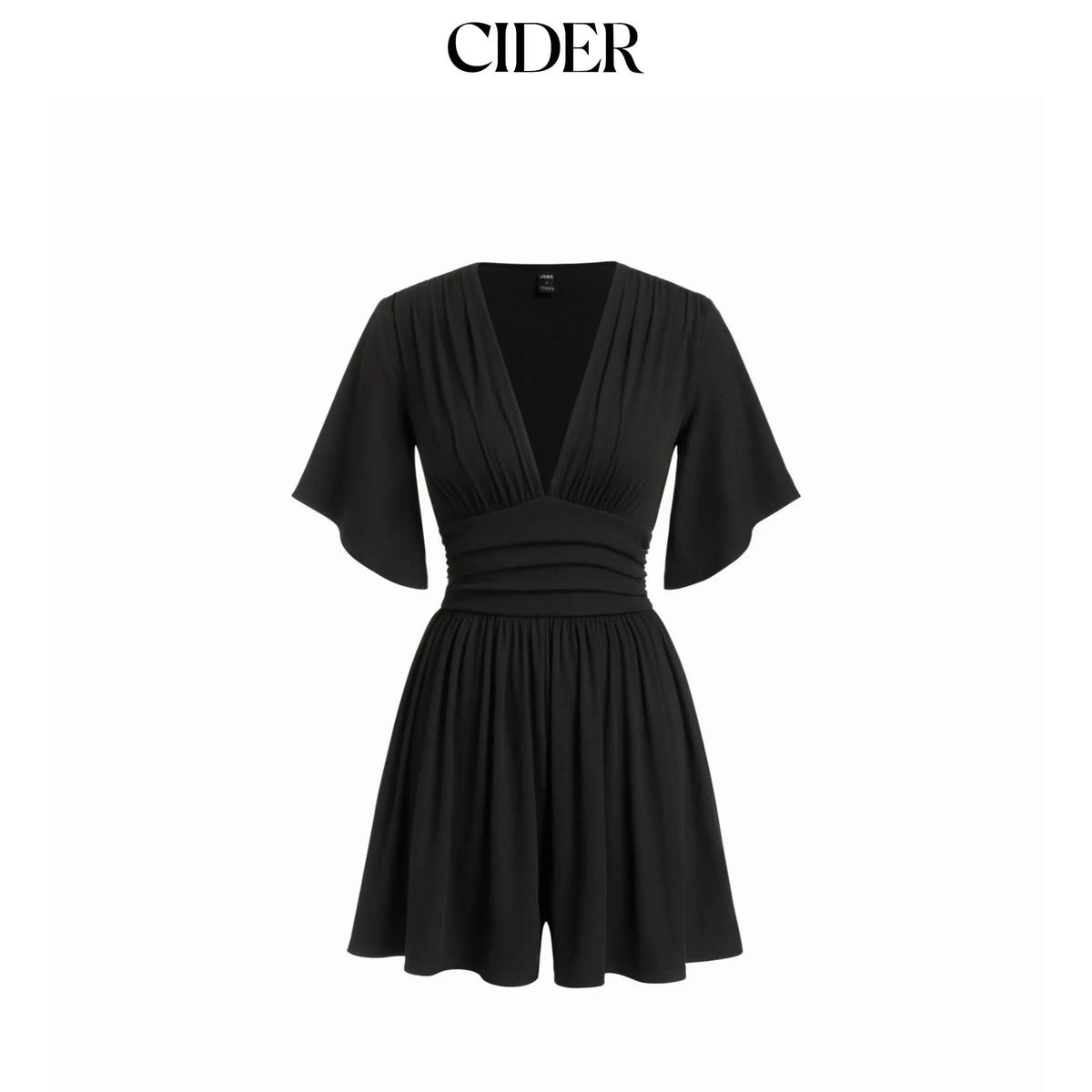 Cider Textured V-neck Ruched Mid Rise Bell Sleeve Ribbed Fabric Romper with Pockets Womenswear Basic Minimalist Jumpsuit