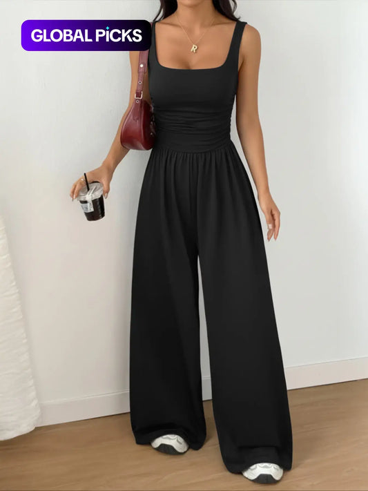 Women's Casual Fit Knitted Solid Square-Neck Jumpsuit, Basic, Fashionable, Comfortable, Soft and Versatile Wide-Leg Jumpsuit, Everyday Womenswear
