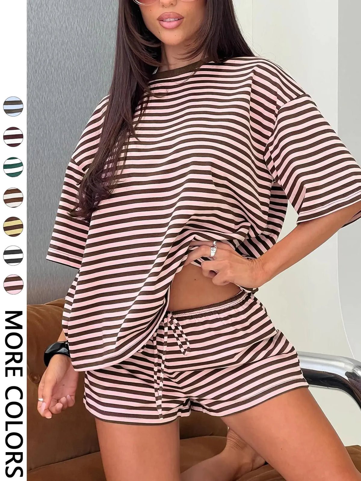 Women's Striped 2 Piece Outfit Women | Oversized T-Shirt + Drawstring Shorts | Soft Casual Lounge Set | Y2K Clean Girl Style for Daily Home Vacation Wear Shorts Matching Set