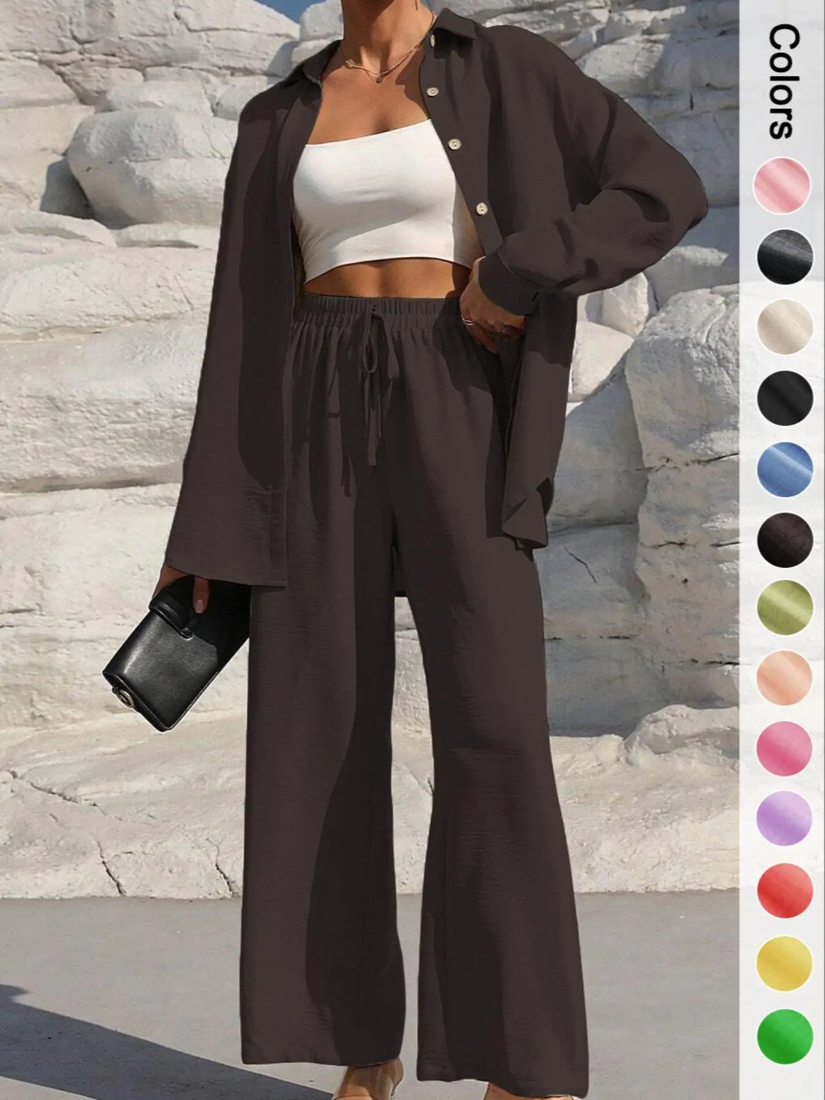 Women's Solid Button Front Shirt & Tie Front Wide Leg Pants Two-piece Set, Casual Drop Shoulder Long Sleeve Top & Trousers 2 Piece Set for Spring & Fall, Women's Clothes for Daily Wear, Casual Outfits Women, Casual Everyday Set