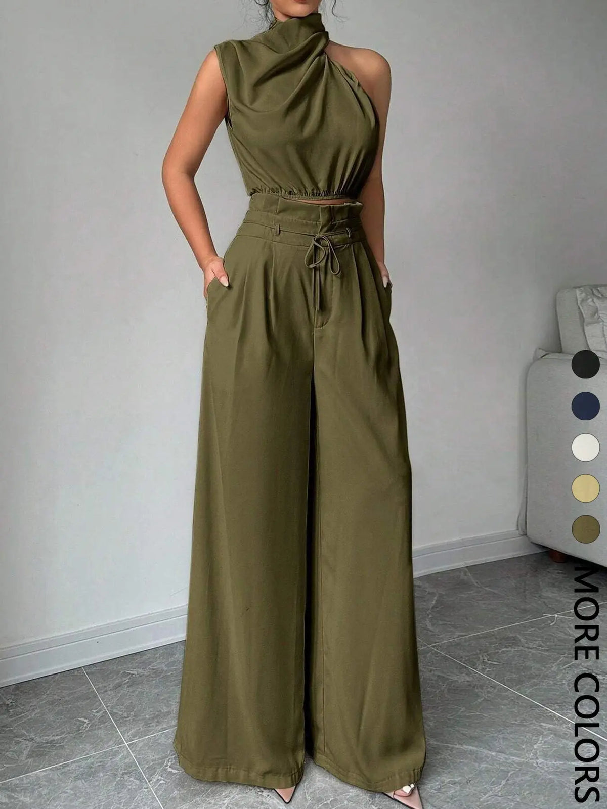 Women's Elegant Asymmetric Top + Wide Leg Pants Two-Piece Set, Everyday Casual Wear, Vacation, Work Commute, Versatile