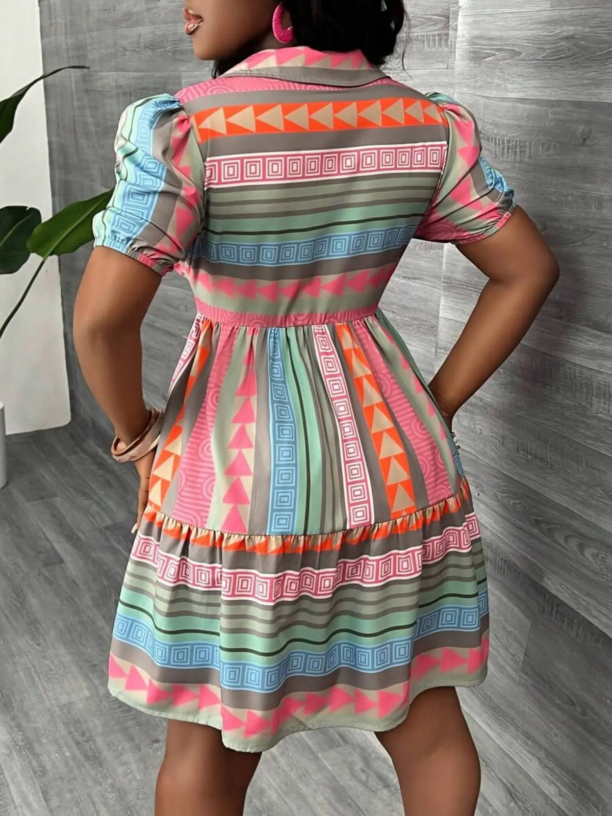 Women's Boho Style Colorful Print Dress, Short Sleeve Button Design Layered Dress, Knee Length, Loose-Fit, Beach Vacation Casual Wear, Bohemian Style Sundresses