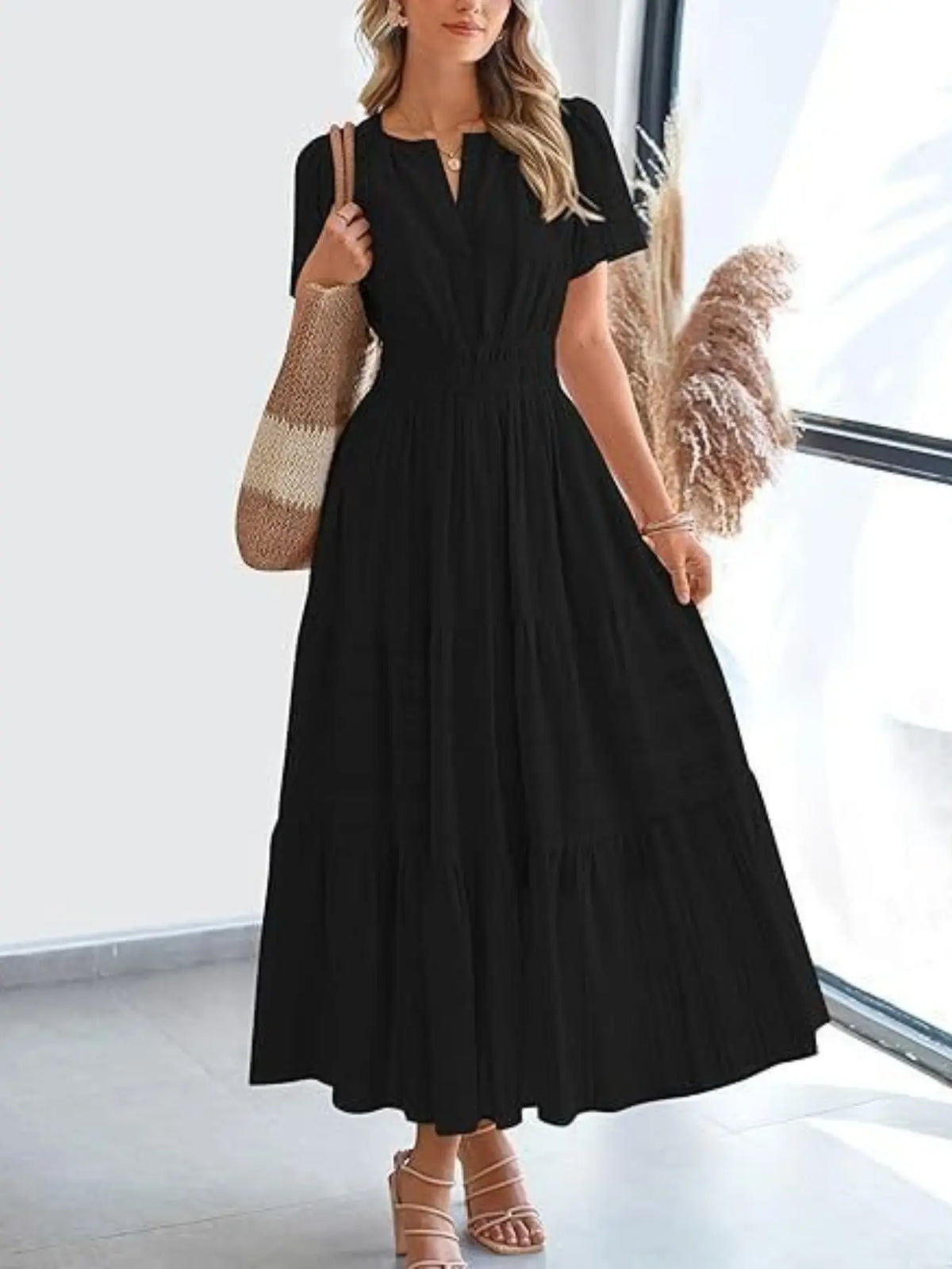 Women's Summer Solid Color Casual Long Dress, Lightweight Short Sleeve V-Neck Bohemian Style with Lining, Comfortable, Chic, Stylish and Elegant, Bohemian Aesthetic