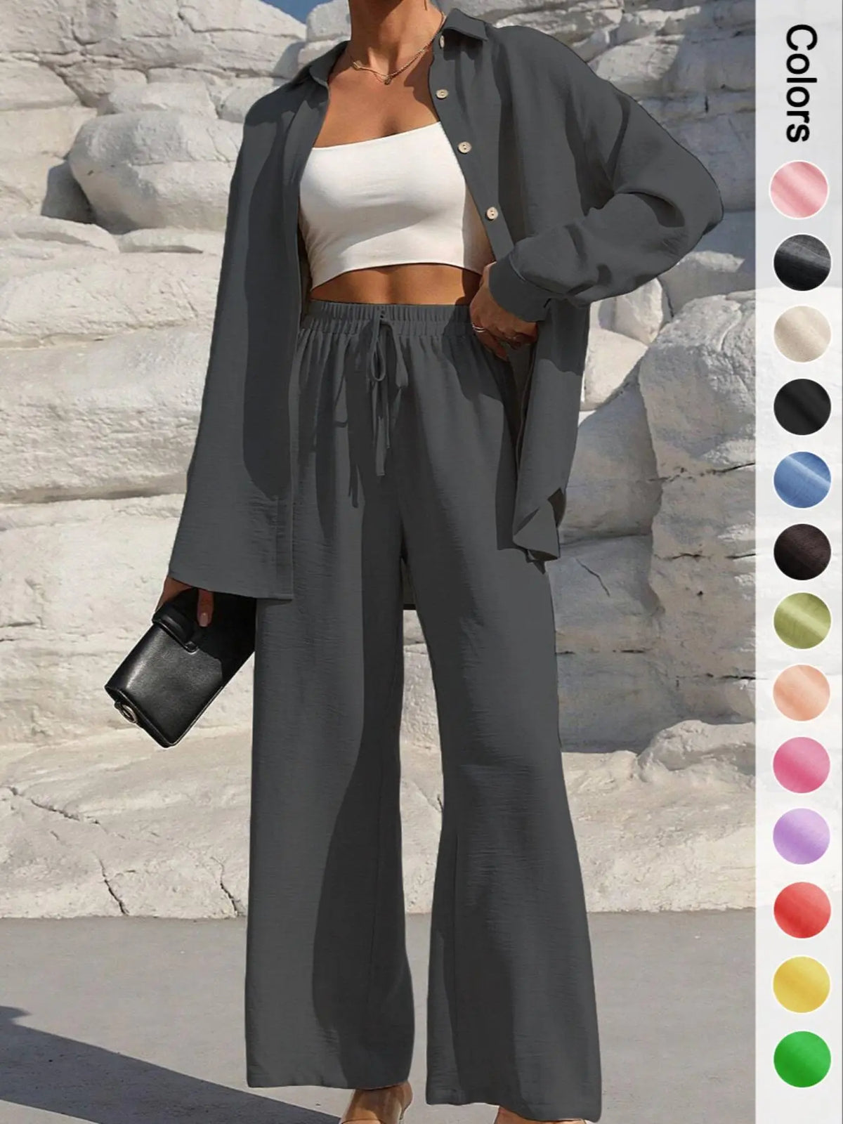 Women's Solid Button Front Shirt & Tie Front Wide Leg Pants Two-piece Set, Casual Drop Shoulder Long Sleeve Top & Trousers 2 Piece Set for Spring & Fall, Women's Clothes for Daily Wear, Casual Outfits Women, Casual Everyday Set