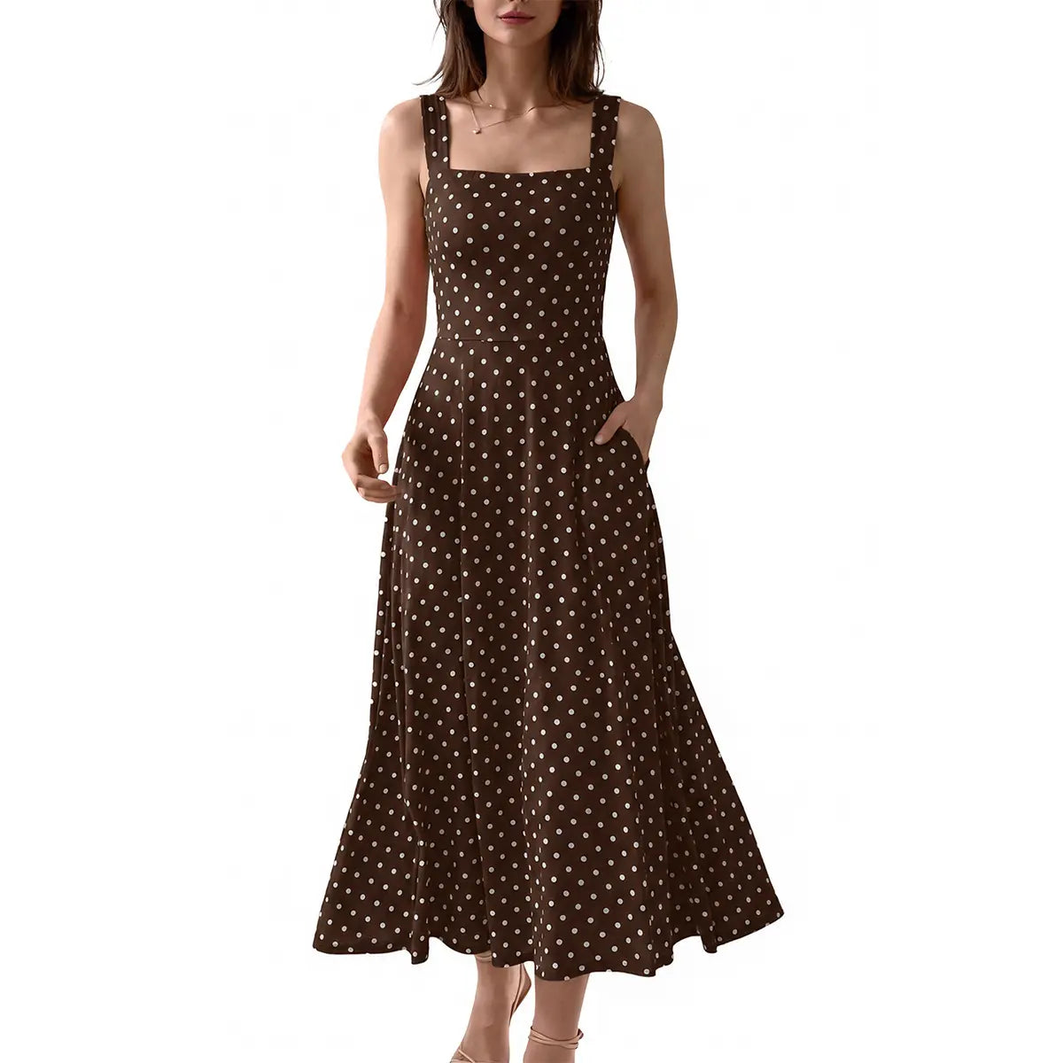 OYS Women's Casual Sleeveless Square Neck A-Line Solid Slim Flowy Long Dress with Pockets & Back Tie Detail Design