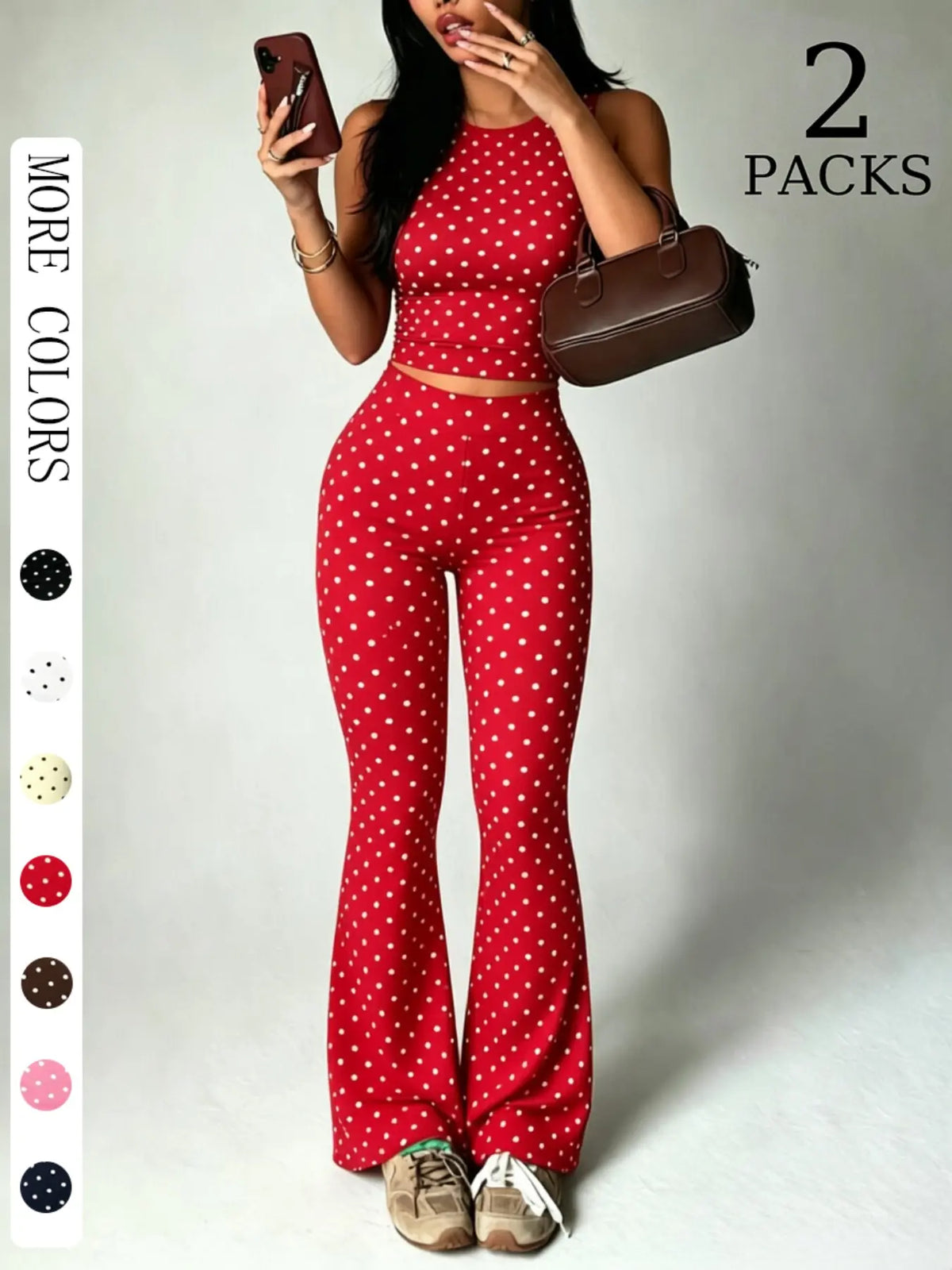 2 Pack Women Polka Dot 2 Piece Outfits, Sleeveless High Neck Crop Top and Flare Leggings Set, Seamless Bodycon Bell Bottom Pants, Trendy Summer Streetwear Outfits, Slim Fit Casual Loungewear for Daily Wear & Going Out Clothes