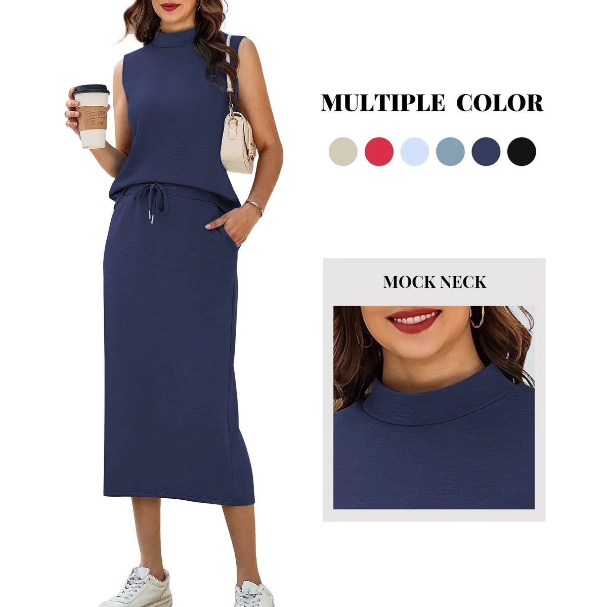 Casly Lamiit Women's 2-Piece Fitted Soft Fabric Crew Neck Cap Sleeve Top & Drawstring Midi Skirt Set with Pockets - No Bulky Feel, Summer Day Lounge Basics Outfits