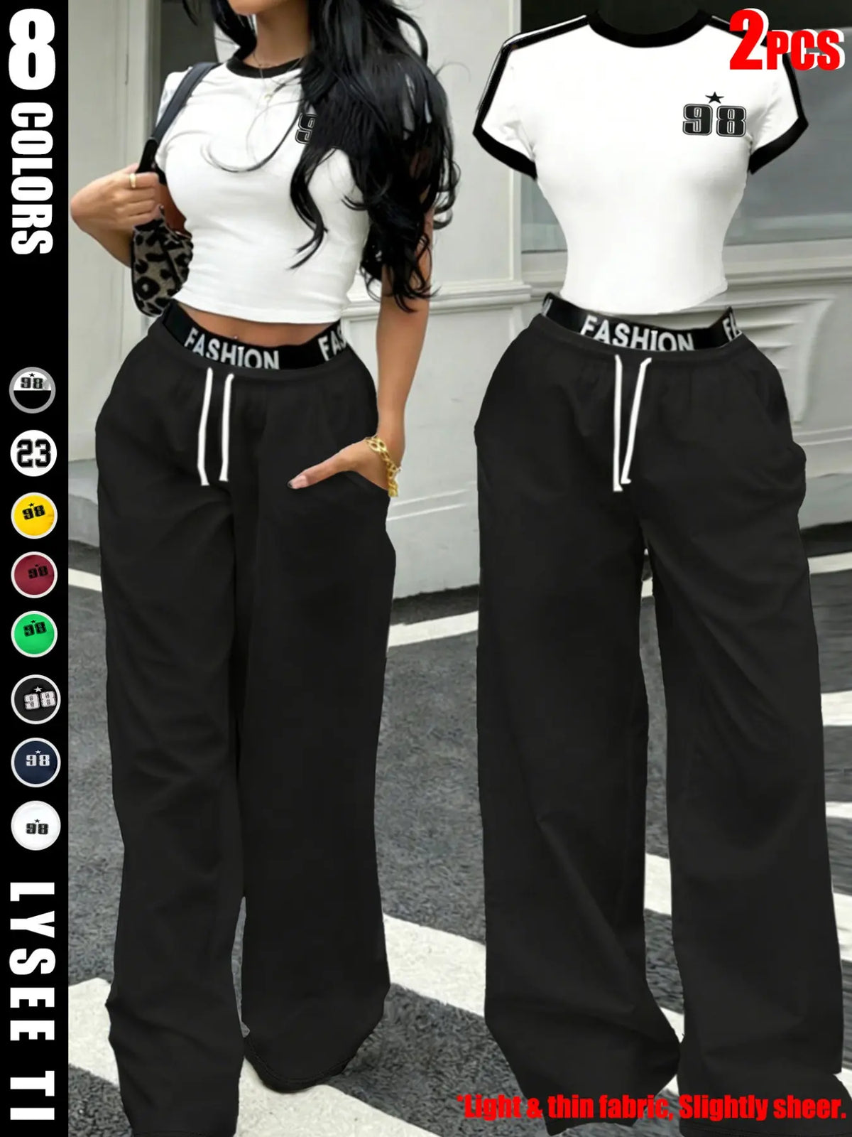 European and American spicy girl chic style black and white contrasting striped short crop top+letter waist wide leg pants women's two-piece set, Outfit, Clothes