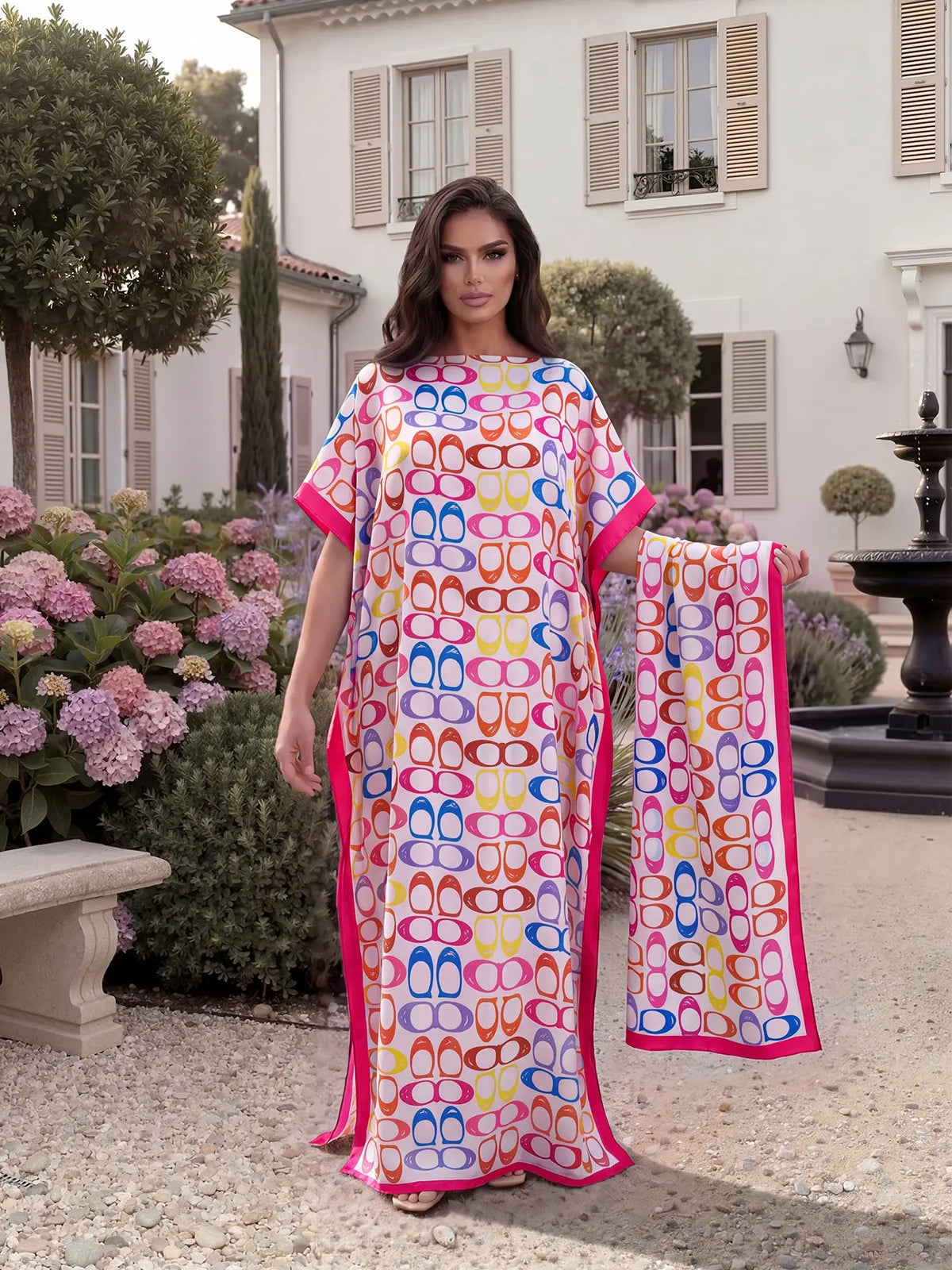 Women's Elegant Chic Geometric Print Robe Set, Casual Fitted Long Dress & Scarf, Beach Resort Wear Sun Protection Satin Matching Set Shawl