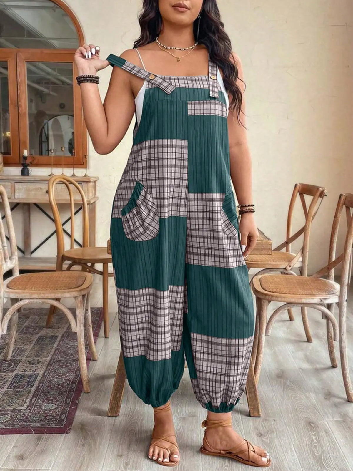 [Plus Size] Geometric Fitted Overalls Jumpsuit, Casual Comfy Sleeveless Jumpsuit for Daily Wear, Women's Plus Womenswear Clothing for All Seasons, Overall Jumpsuits