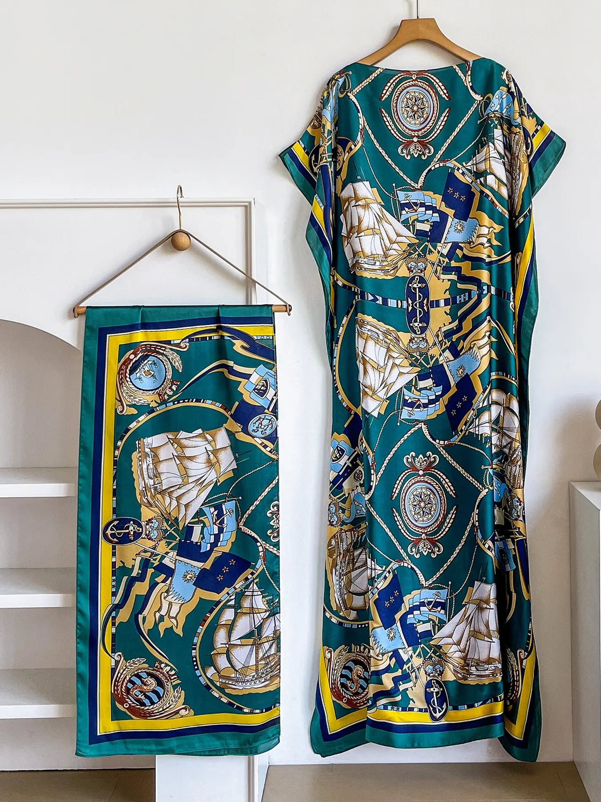Elegant Dopamine Color Set, Boho Summer Chain Print Muumuu Long Dress Robe, Women's Sun Protection Satin Scarf Shawl