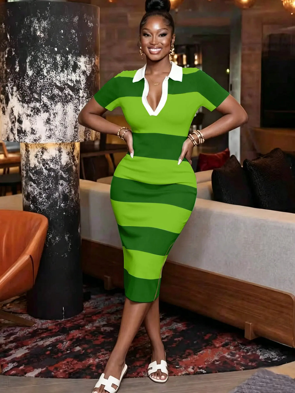 Elegant Women's Striped Patchwork Polo Neck Bodycon Dress, Casual Split Hem Short Sleeve Dress, Stylish and Comfortable Daily Wear, Everyday, Fashion Casual Stretchy