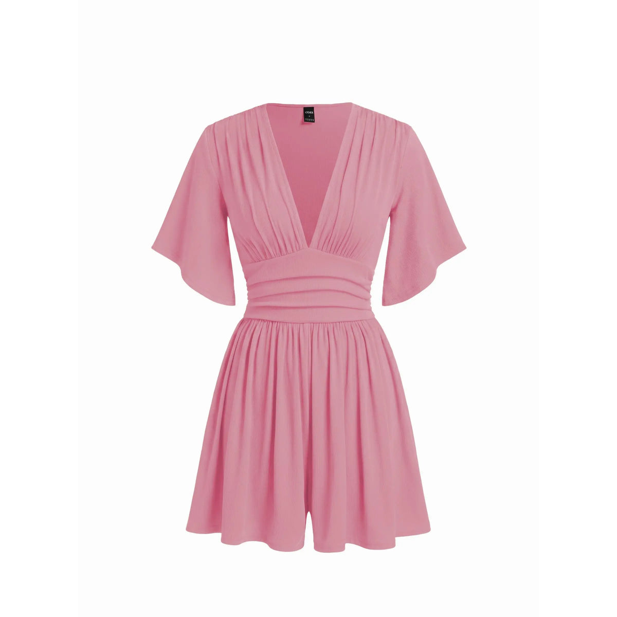 Cider Textured V-neck Ruched Mid Rise Bell Sleeve Ribbed Fabric Romper with Pockets Womenswear Basic Minimalist Jumpsuit